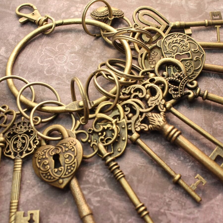 12 Large Skeleton Keys Set Antique Brass