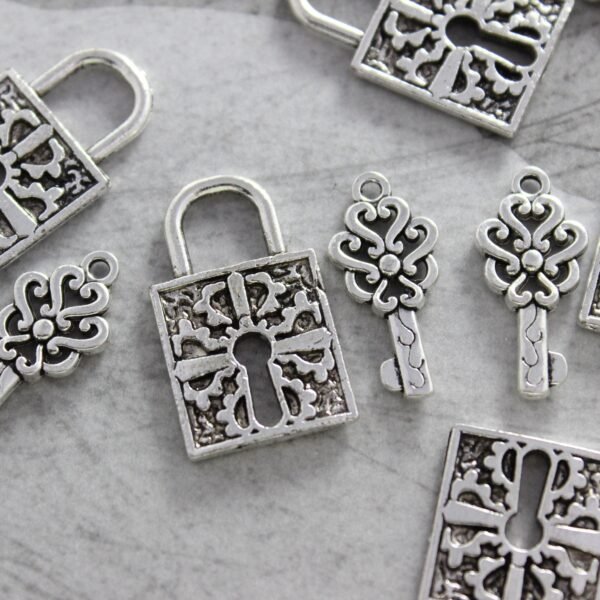 Antique Silver Heart Lock Charms Set