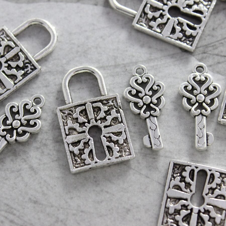 Antique Silver Heart Lock Charms Set