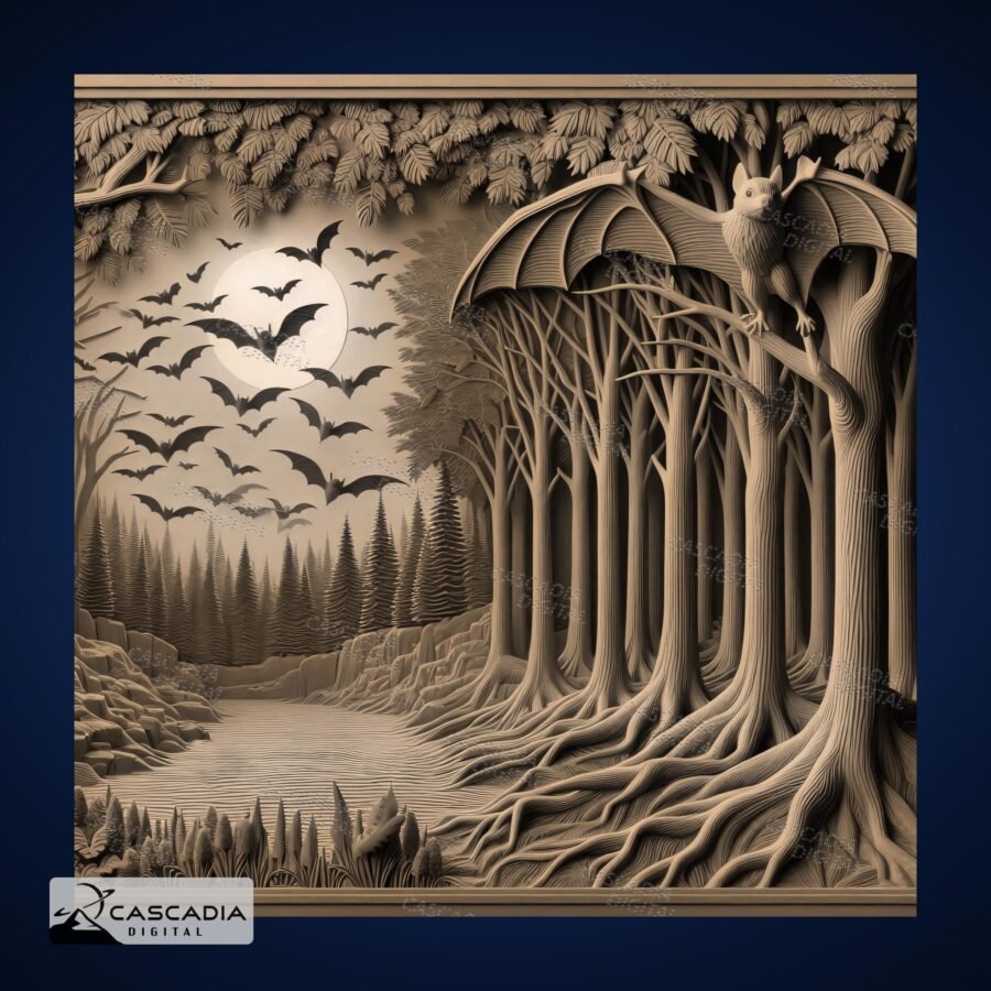 Bat Moon Engraved Wood Slate 3D
