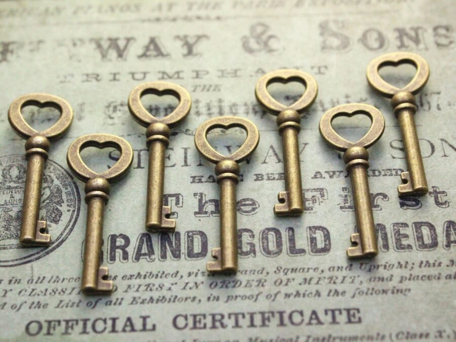 Brass Heart Skeleton Key Charms Lot