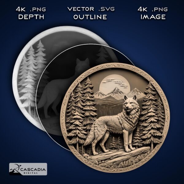 Wolf Forest Round Laser Engraved 3D