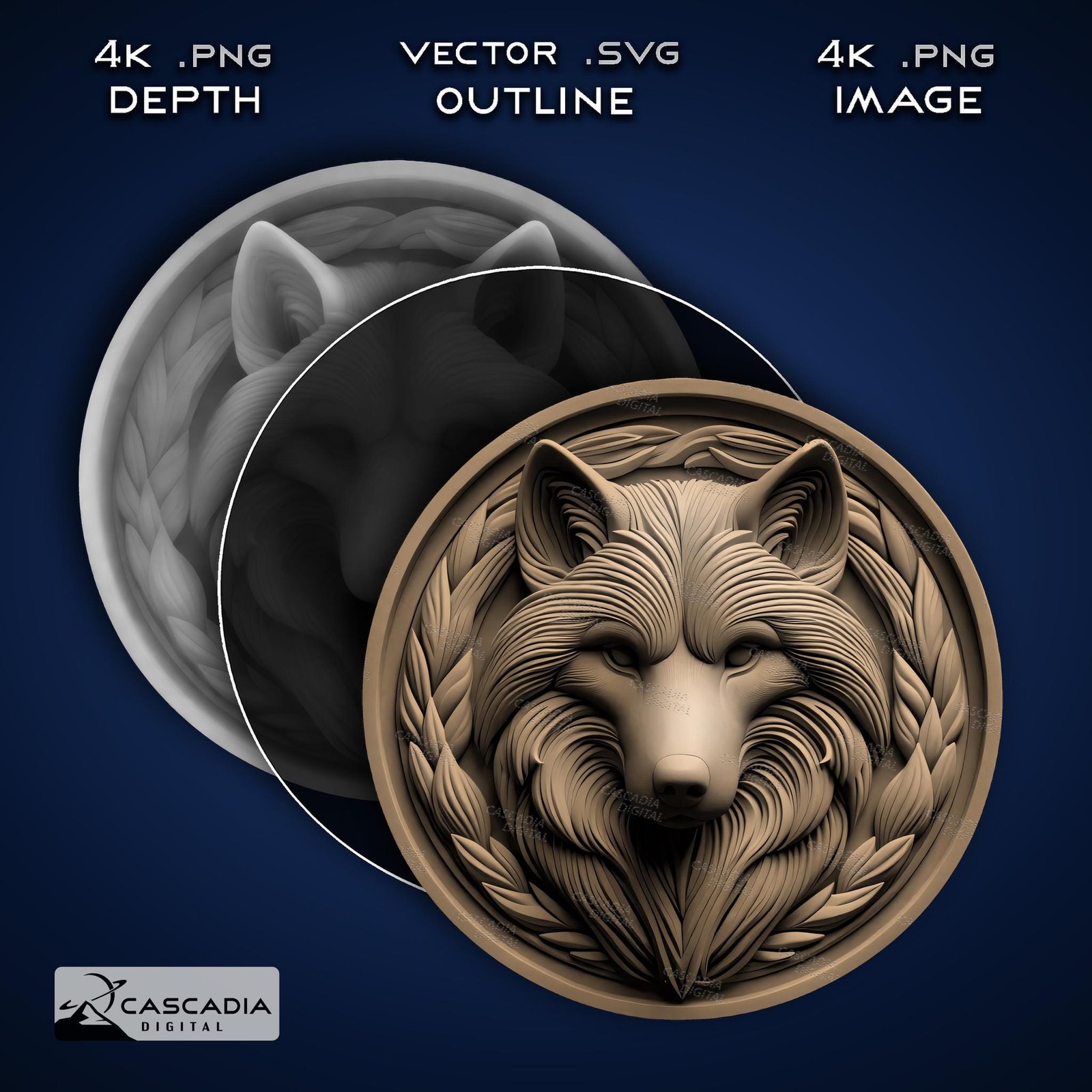 Wolf Head Round - Laser Engrave Design